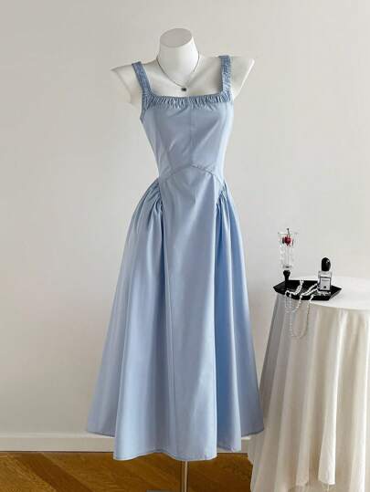 Comfortcana Women's Summer Solid Color Square Neck Pleated Sleeveless Casual Dress,Wedding Guest Dress Women