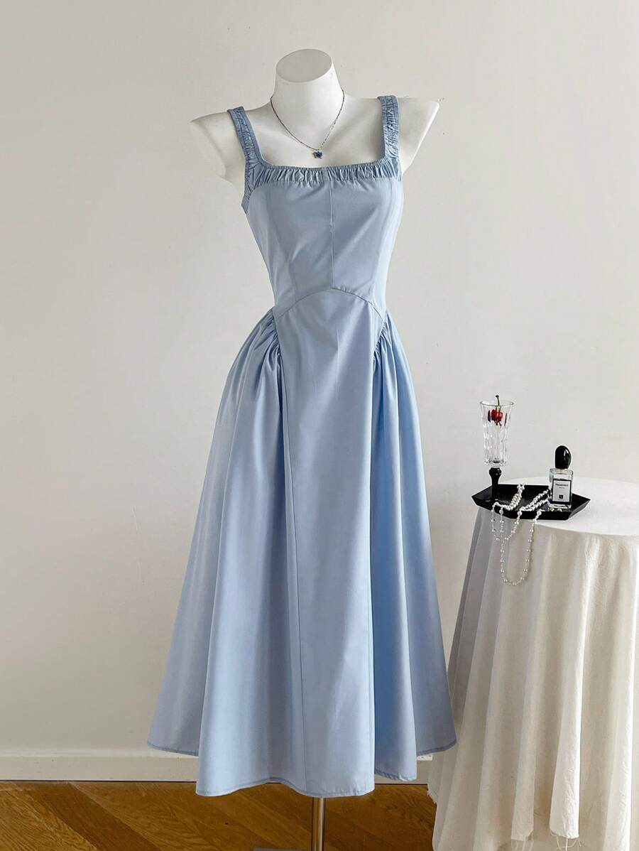 Comfortcana Robe casual d'été à col carré plissée sans manches de couleur unie pour femmes - Bleu azur - Voir 1