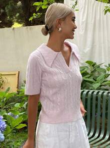 DAZY Ladies V-Neck Short-Sleeved Small Lapel Casual Knitted Top Vacation - Khaki - View 5