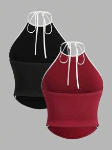 SHEIN ICON Set de 2 piezas Top Y2K halter con bloque de color y rayas con cordón lateral talla grande - Burdeos - Ver 2