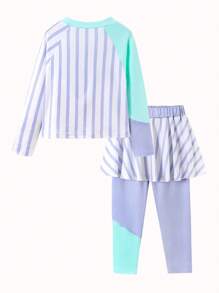 2pcs/Set Young Girls Casual Color Block Plaid & English Lettering Print Long Sleeve T-Shirt And Skort Set - Purple - View 2