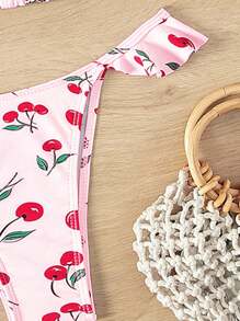 Swim Mod Women's Cherry Print Ruffle Trim Bikini Set For Summer Beach Vacation - Multicolor - View 3