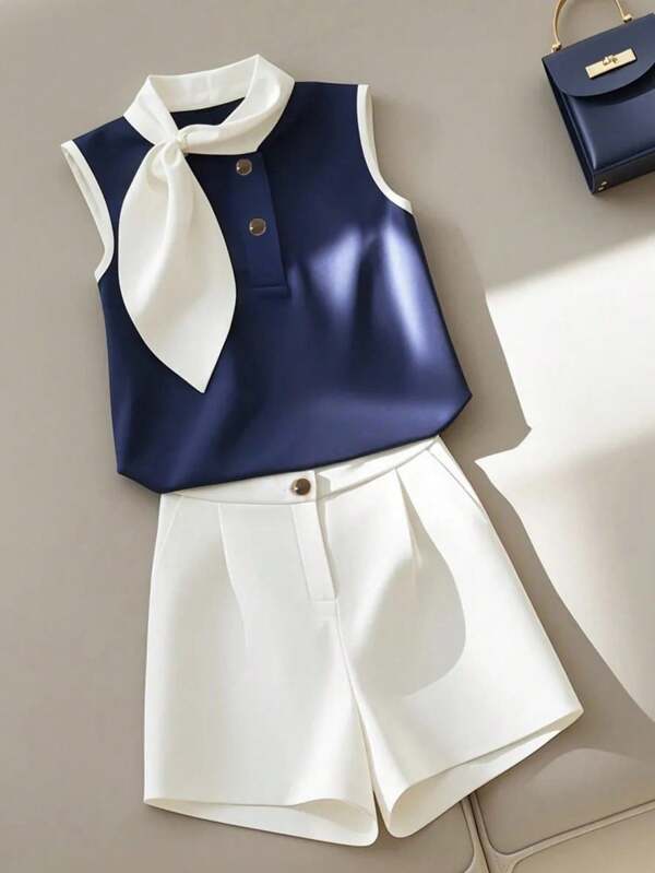 Franclia 2Pcs/Set: Bowknot Collar Contrast Color Top & High Waisted Wide Leg Short Shorts
