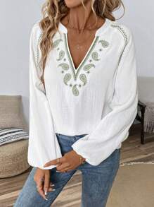Easowa Paisley Contrast Embroidery Drop Shoulder Bohemian Style White Long Sleeve Shirt - White - View 4