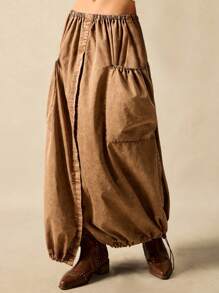 Easelle 2025 Summer Washed Denim Skirt Four Button Nomadic Retro Festival Outdoor Distressed Denim Skirt Washed Orange Washed Distressed Button Skirt Retro - Brown - View 5