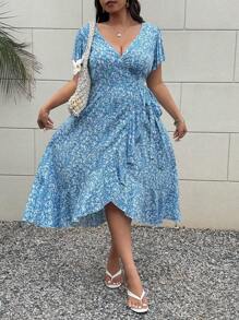 Flirla 大码交叉领口短袖荷叶边下摆褶饰拼布连衣裙 - 彩色 - 查看 3