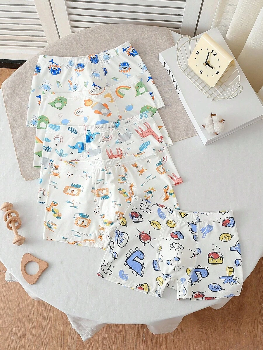 5条装小男孩卡通动物印花舒适平角内裤 - 彩色 - 查看 1