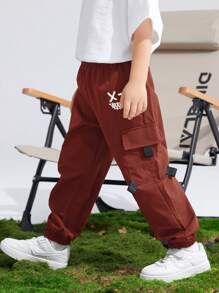 Young Boy Woven Smiling Face Print Cargo Pocket Casual Pants - Brown - View 3