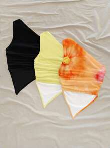 Soleia 3pcs Orange Tropical Floral Print On Yellow Base, Solid Black And Light Yellow Assorted Asymmetric Shoulder Hem Blouse For Women, Suitable For Summer And Beach-Style,Rave Top Suitable For Going Out