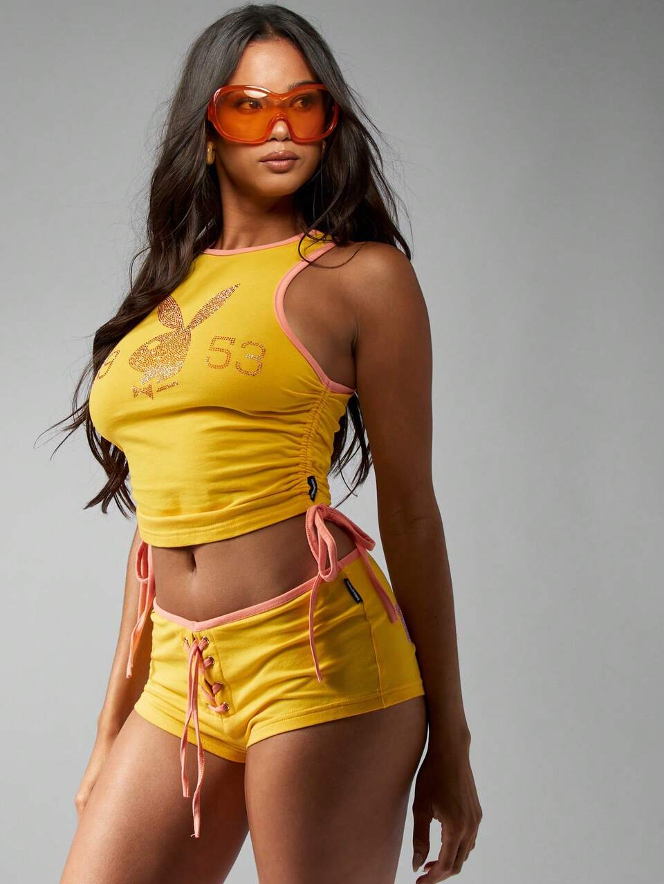 Missguided x Playboy Ärmellose Crop-Top Oberteile im Stil mit Strass-Verzierung für Sommerfestivals