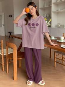 DAZY 2pcs Women Casual Star Print Loose Short Sleeve Top And Pants Set, Loungewear Pajama - Purple - View 3