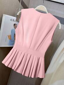 SHEIN Clasi Chaleco de mujer talla grande elegante y romántico con botones, cuello en V y bajo asimétrico con volantes en color liso, adecuado para el trabajo