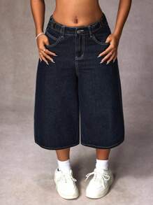 SHEIN PETITE Quần jeans ống rộng lửng dành cho nữ cỡ nhỏ - Màu xanh lam - Xem 4