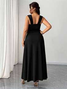 Elenzga Plus Size Women's Solid Color Twist Knot V-Neck High Slit Stretchy Party Dress, Fashionable Design Versatile Style, 2025 New Arrival