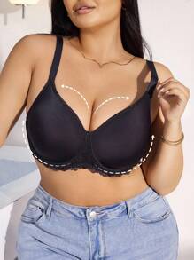SHEIN 1pc No Wire No Pad Underwire Support Push-Up Plus Size Lace Splicing Bra - Black - View 3