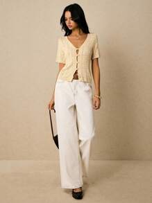 Poéselle Women Solid Color Short Sleeve Single-Breasted Hollow-Out Knit Cardigan - Apricot - View 1