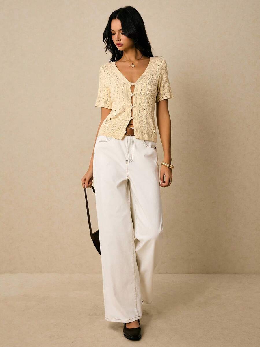 Poéselle Women Solid Color Short Sleeve Single-Breasted Hollow-Out Knit Cardigan - Apricot - View 1