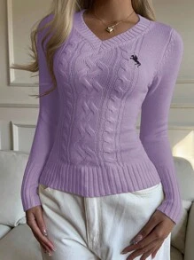 SHEIN EZwear 女士休闲V领长袖修身骑士图案毛衣