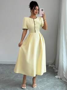 Rafferiza 优雅日常圆领短袖泡泡袖丝带撞色腰部分层中长雪纺纹理面料连衣裙，女款春夏 - 淡黃色 - 查看 5