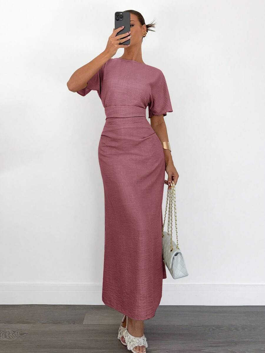 Siren Gaze Summer Women Solid Color Linen Blended Dress Christmas Elegant Evening Dress - Red Violet - View 1