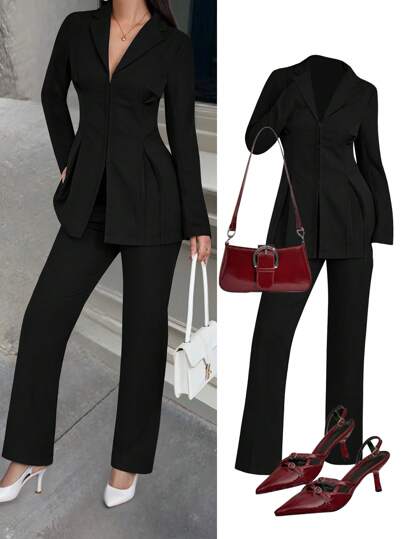 INAWLY 2 件套女士纯色长袖平领衬衫和裤子休闲套装