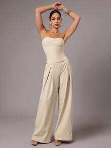 Silquee 女士夏季纯米色抹胸上衣，修身时尚露脐双层拉绒后背衬里，高端上衣，适合办公室、商务休闲、约会等场合穿着，百搭上衣，束身胸衣，无肩带上衣，抹胸上衣 - 米色 - 查看 4