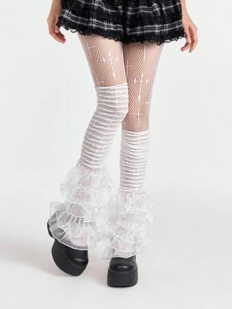 Kawaii 2 paia di collant a rete e calze con bordo in pizzo, in stile Y2K punk, una combinazione di moda, personalizzata e sexy, accessori per abiti da festival musicali estivi