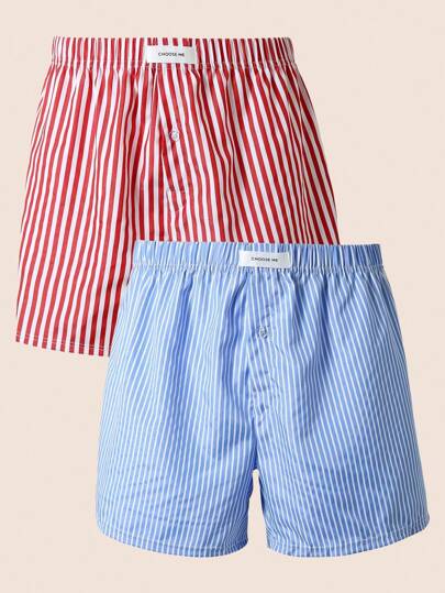 SHEIN 2pcs/Set Men's Loose Fit Letter & Striped Airy Pants  Boxer  Breathable
