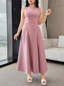Feyla 女士优雅纯色无袖连衣裙，夏季 - 粉色 - 查看 4