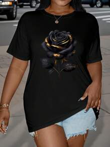 SHEIN LUNE 大码女式黑色和金色玫瑰印花圆领短袖舒适 T 恤