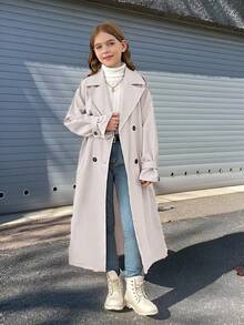 SHEIN Tween Girl Loose Fit Double Breasted Lapel Long Trench Coat, Casual Military Style, Suitable For Commuting And Outings, Girls Trench Coat, Long Coat Girls, Girls Coat, Fall Winter - Beige - View 3