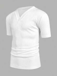 Manfinity VCAY Men's Casual Solid Color Short Sleeve Shirt, Summer Men V Neck Ribbed Men White V Neck Men White Top Men Textured Shirt White Short Sleeve Shirt