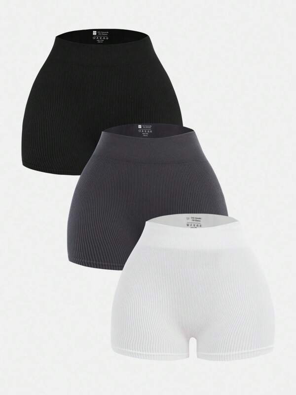 Set de 3 piezas de pantalones cortos de licra sin costuras para niñas preadolescentes, estilos versátiles que combinan en negro, blanco, gris