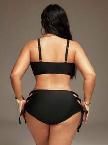 Swim SXY 大码女式夏季沙滩纯色吊带镂空性感比基尼套装 - 黑色 - 查看 2
