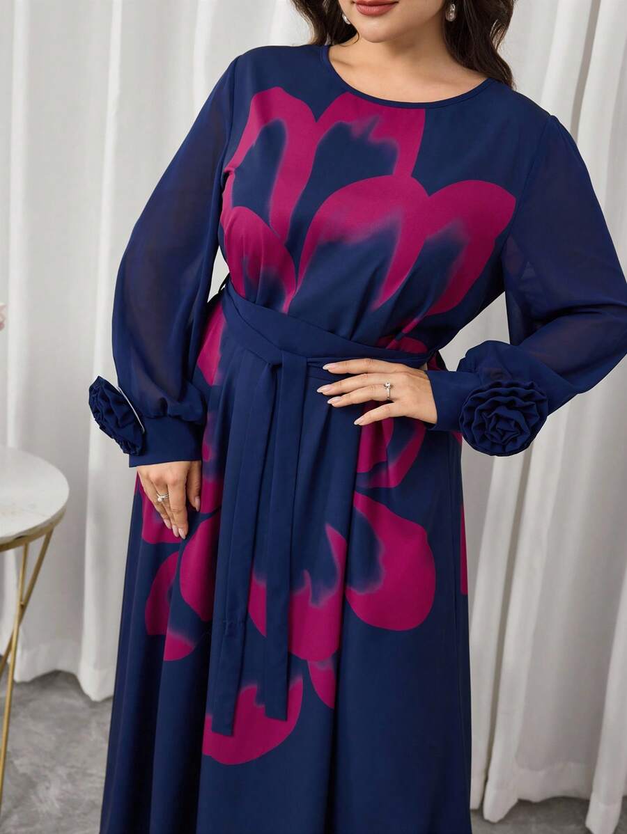 Modelyn Plus Size French Style Puff Sleeve Tiered Dress With Front & Back Floral Print, Spring/Summer Fall Cloth For Women - Multicolor - View 1