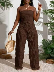 Slaydiva 夏季新品音乐节婚礼季、复活节、西部风、游牧风、圣帕特里克节、生日派对、毕业季、学生装、日常休闲、百搭、休闲、邮轮旅行、海滩、日光浴、热销款、纹理款、无肩带款、黄色款、大码女式连体裤、棕色连体裤、女士度假套装、棕色无肩带连体裤、荷叶边连体裤、纹理连体裤 - 棕色 - 查看 9