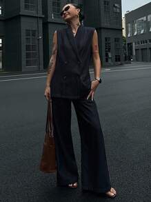 DAZY 女士夏季无袖翻领双排扣牛仔背心和宽松休闲长裤两件套服装套装，休闲牛仔套装 - 深色水洗藍 - 查看 4