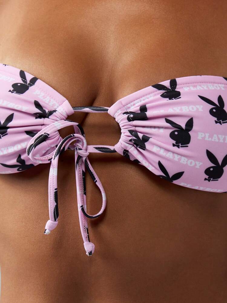 Missguided x Playboy Bandeau Bikini Swimsuit With Side Tie Adjustable String Ruched Swim Bottom
