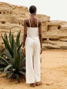 Lumivelle Women 2 Pieces Set: Casual Sleeveless Asymmetric Cami Top And Wide Leg Pants