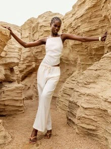 Lumivelle Women 2 Pieces Set: Casual Sleeveless Asymmetric Cami Top And Wide Leg Pants