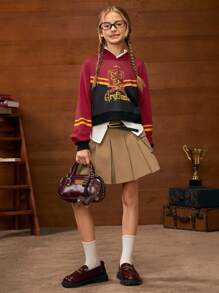 HARRY POTTER X SHEIN 少女徽章印花撞色条纹卫衣，春秋/秋冬款 - 酒紅色 - 查看 5