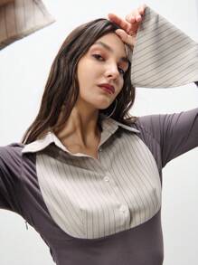 SHEIN Unity Color Block Stripe Spliced Oversized Cuff Long Sleeve Shirt Dress,Valentines Outfit - Multicolor - View 3