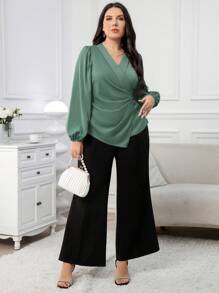 Modelyn Plus Size Women Solid Color Lantern Sleeve Ruched Asymmetric Hem Blouse - Green - View 6