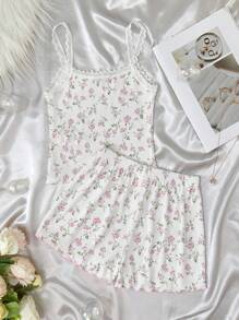 SHEIN 2pcs/Set Tween Girl Floral Pattern Ribbon Bow Ruffle Trim Camisole And Shorts Comfortable Casual Fitted Pajama Set - Pink - View 2