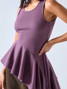 LYSMO Áo không tay bèo nhún bất đối xứng denim cho nữ - Màu tím - Xem 5