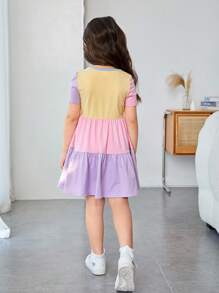 SHEIN Young Girl Cute Casual Vacation Round Neck Short Sleeve Contrast Color Knitted Comfortable Dress