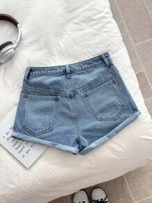 SHEIN Teen Girl Blue Fashionable And Simple Ripped Denim Shorts,Spring And Summer Casual Vacation Country Boho Wear - Light Wash - View 2