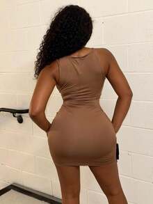 Alexandranx 性感休闲简约百搭无袖粗肩带 V 领紧身迷你连衣裙，女式，夏季 - 棕色 - 查看 5