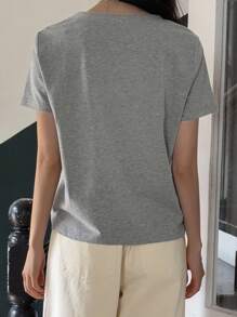 DAZY Women's Summer V-Neck Short Sleeve T-Shirt With Embroidery Decor, Casual, Versatile, Loose Fit