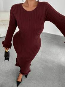Firerie Plus Size Women Long Sleeve Solid Color Round Neck Frill Trim Fitted Knit Dress Fall/Winter - Brown - View 7